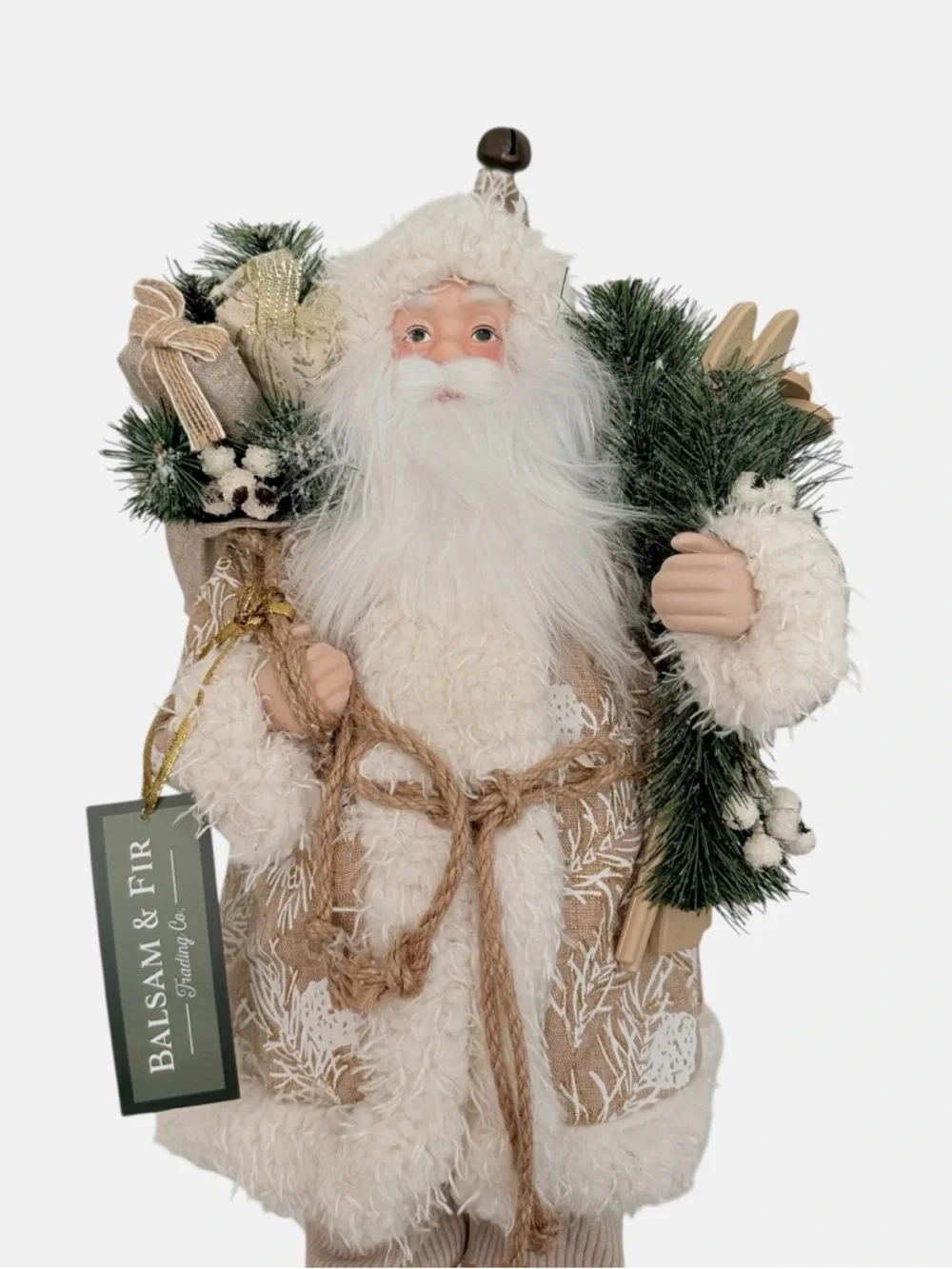 Balsam & Fir Skis and Sticks Beige Santa Holiday Figurine Cozy Cream & Tan